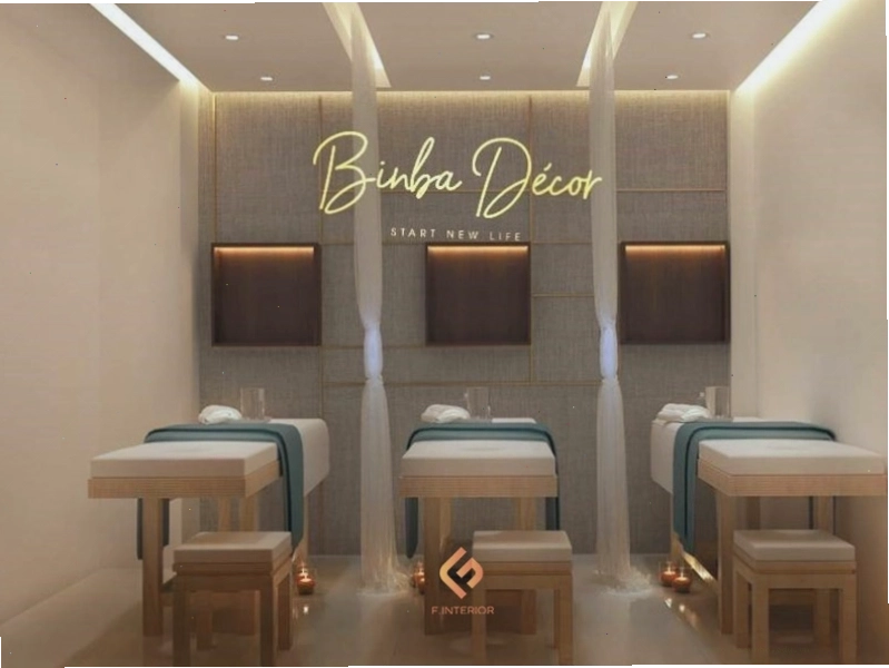 Nội thất spa mini sử dụng vật liệu gỗ tự nhiên và cây xanh trang trí