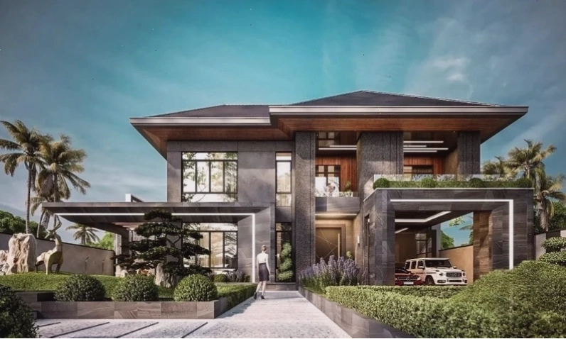 Phối cảnh nhà vườn sử dụng vật liệu gỗ và đá tự nhiên