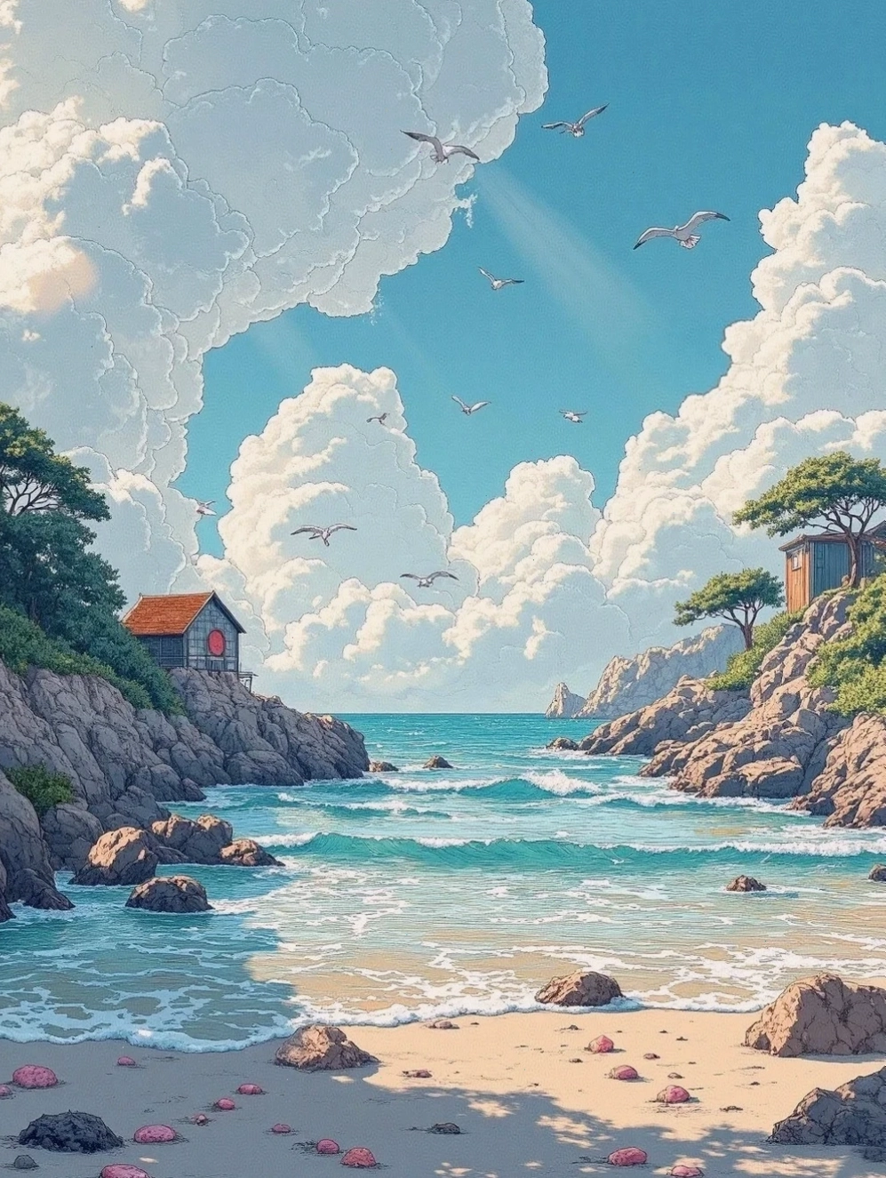Phong cảnh núi anime thơ mộng dưới ánh hoàng hôn