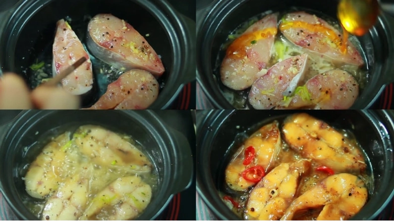 Quá trình kho cá basa trên bếp lửa nhỏ