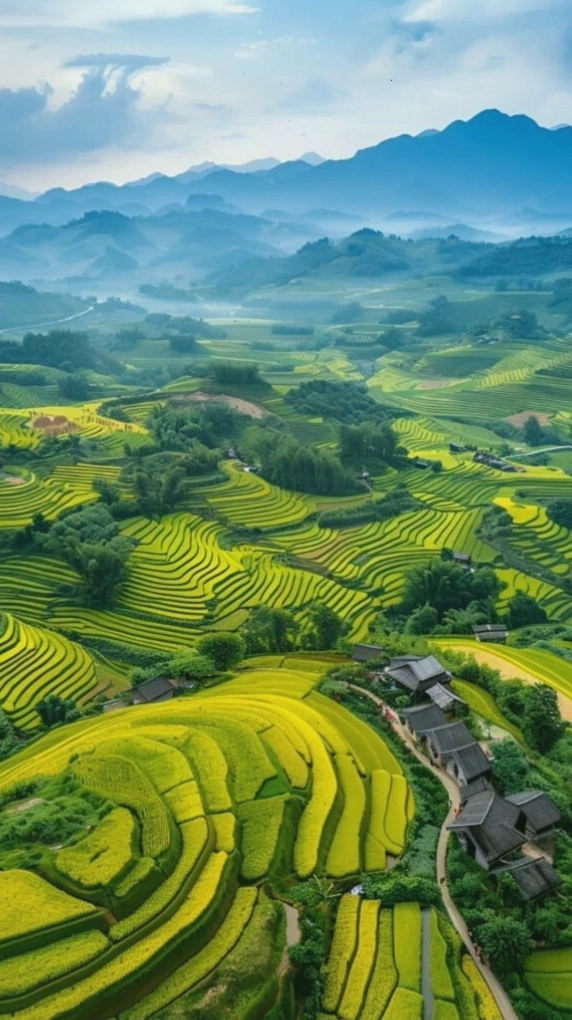 Ruộng bậc thang xanh mướt giữa núi rừng trùng điệp, hình nền phong cảnh đẹp full hd