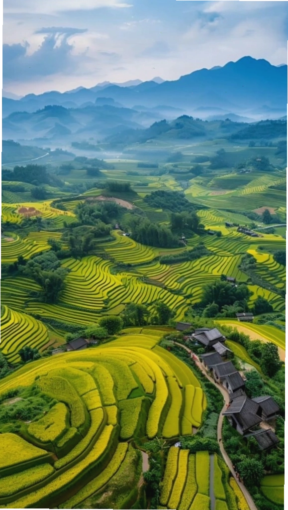 Ruộng bậc thang xanh mướt giữa núi rừng trùng điệp, thích hợp làm hình nền điện thoại thiên nhiên