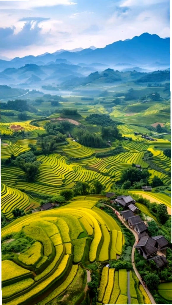 Ruộng bậc thang xanh mướt giữa núi rừng trùng điệp vào mùa thu
