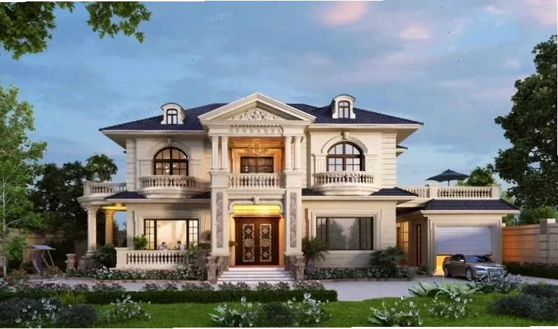 Sân vườn nhà phố với cây xanh và lối đi lát đá