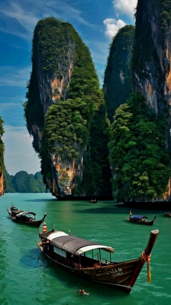 Thuyền gỗ neo bên núi đá vôi giữa làn nước trong