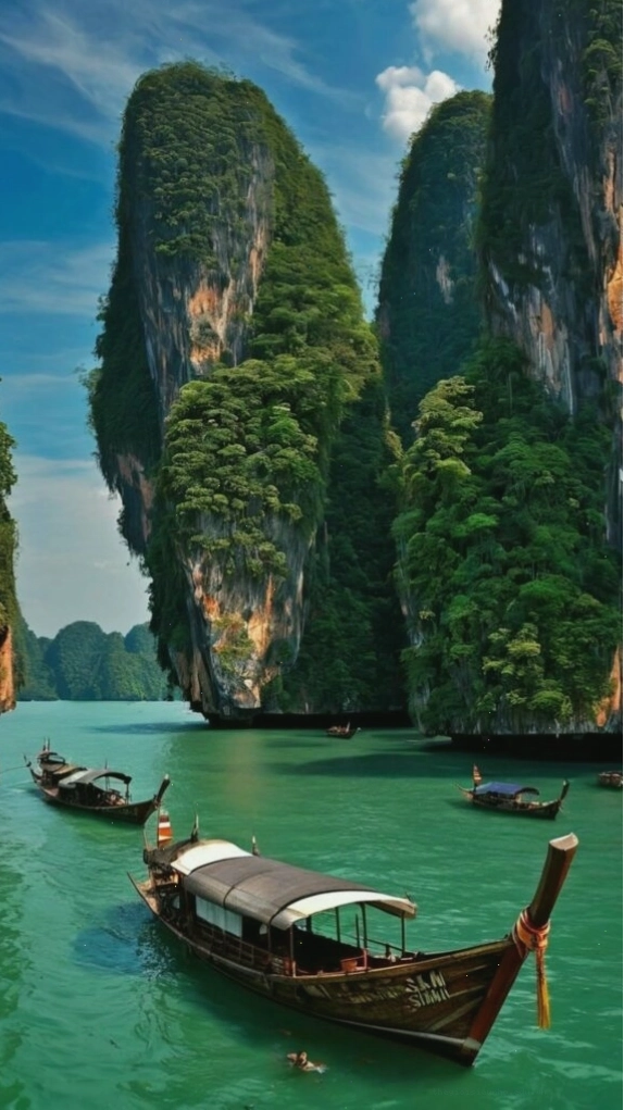 Thuyền gỗ neo bên núi đá vôi giữa làn nước trong xanh, một hình ảnh thiên nhiên thanh bình