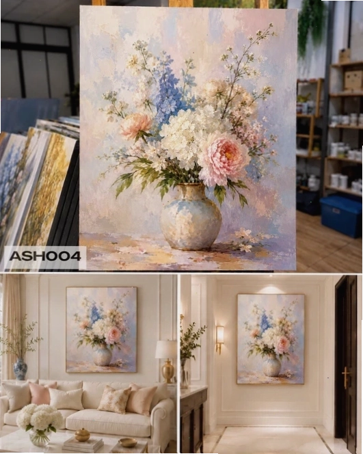 Tĩnh vật hoa được vẽ bằng màu acrylic, thể hiện sự tĩnh lặng và hài hòa