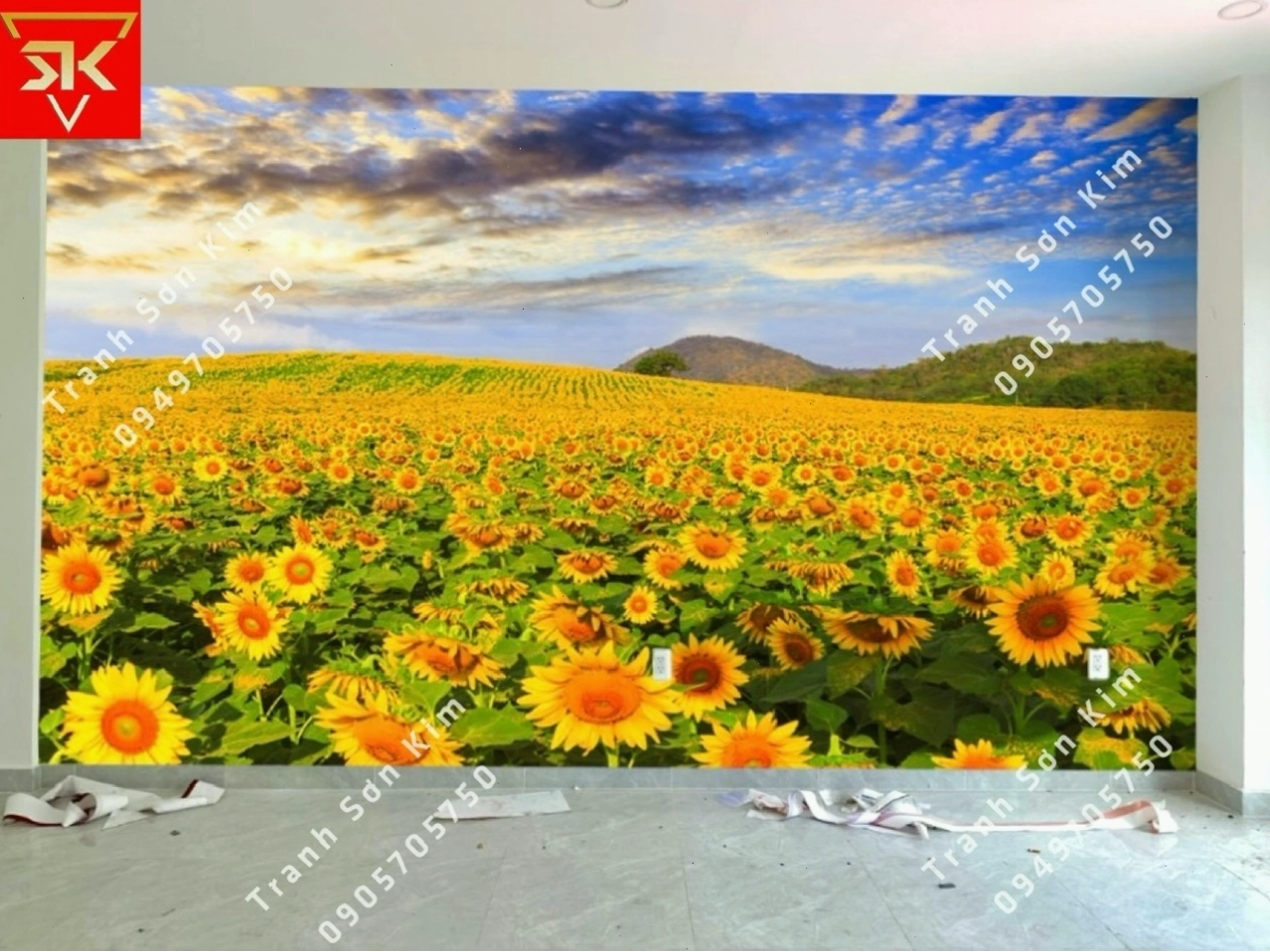 Tranh 3D cảnh hoàng hôn trên cánh đồng hoa hướng dương