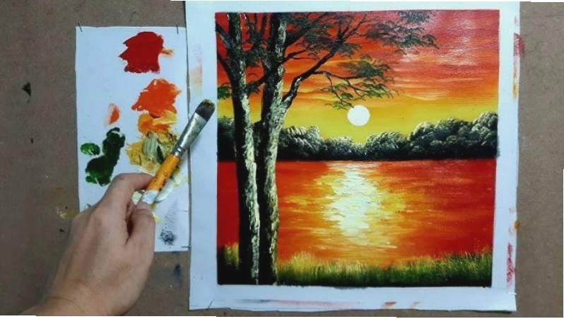 Tranh biển hoàng hôn vẽ bằng màu nước với hiệu ứng loang màu mềm mại