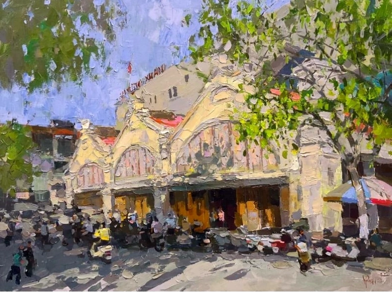 Tranh chợ Đồng Xuân chất liệu sơn dầu