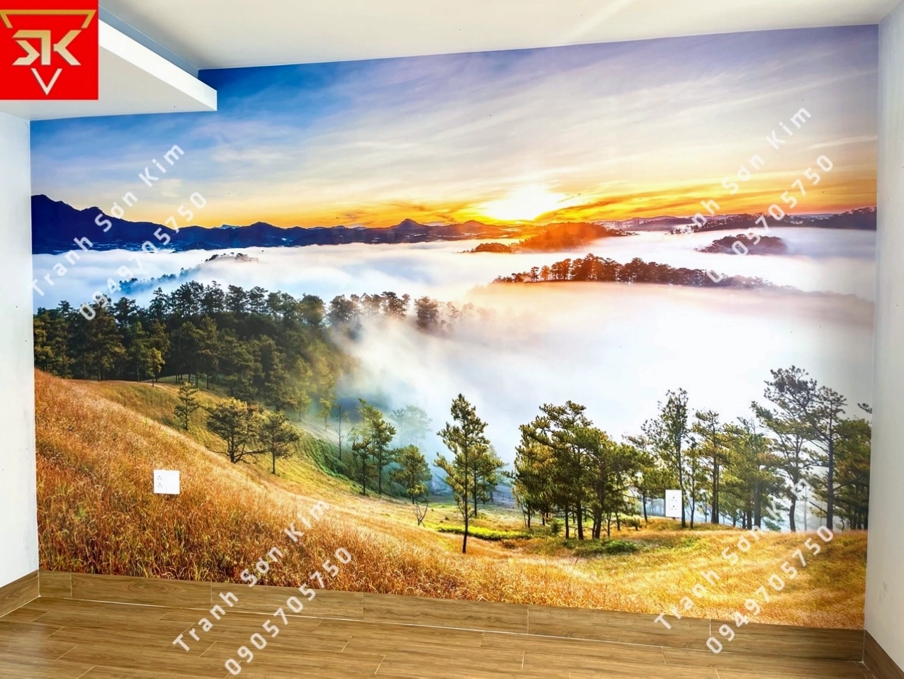Tranh dán tường 3D cảnh hoàng hôn trên đồi thông