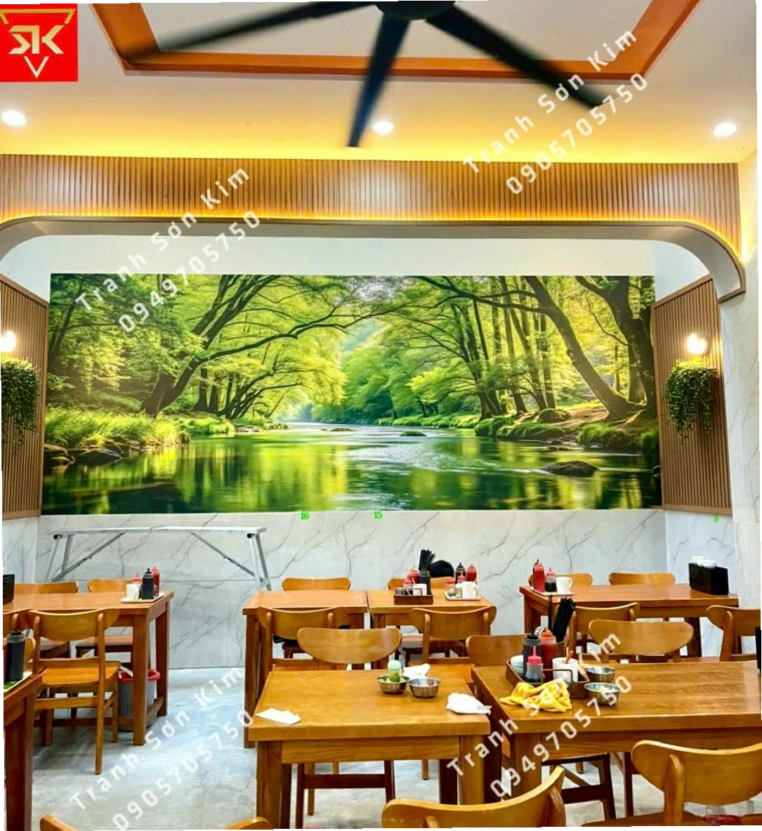 Tranh dán tường hồ nước và đồi núi cho quán ăn - nhà hàng