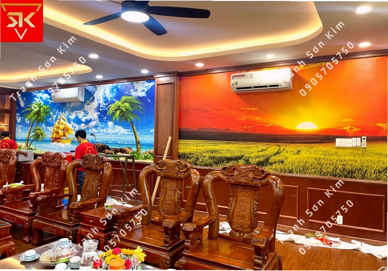 Tranh dán tường phong cảnh với dòng sông uốn lượn