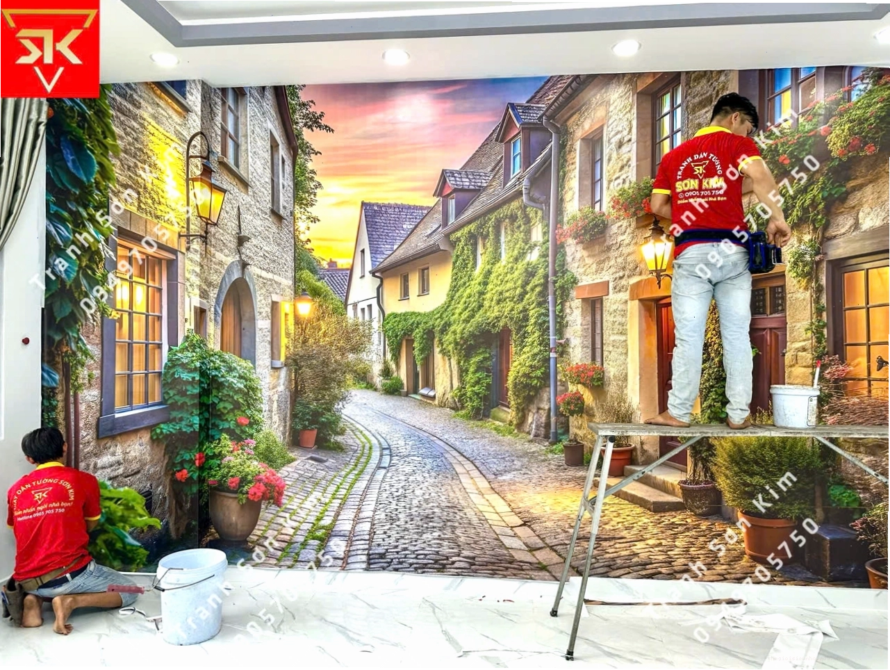 Tranh dán tường thành phố châu âu về đêm