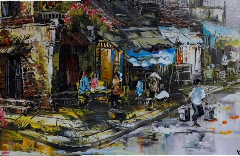 Tranh gánh hàng rong trong mưa