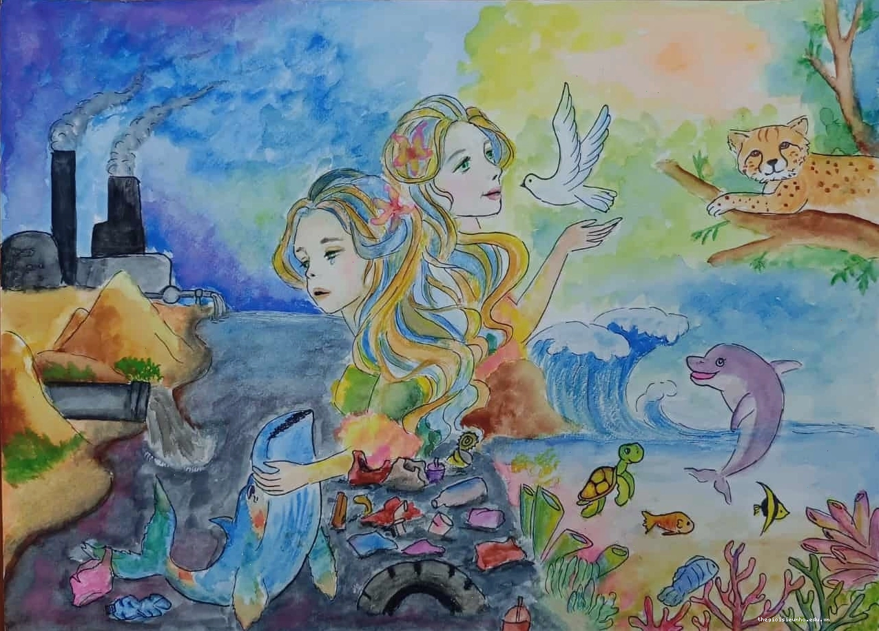 Tranh mẹ thiên nhiên với dòng sông và cây cối xanh tươi