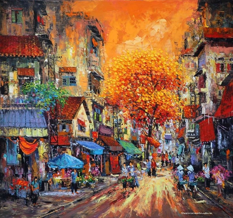 Tranh phố Hà Nội mùa hè với sắc vàng rực rỡ