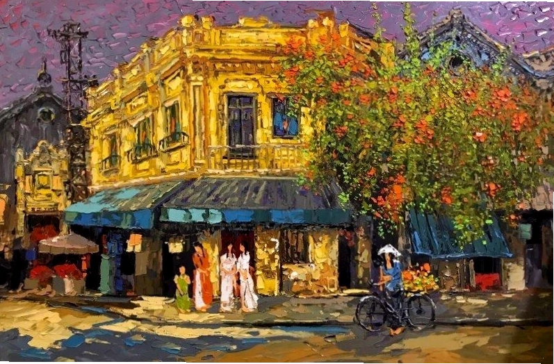 Tranh phố xưa yên bình ấm áp