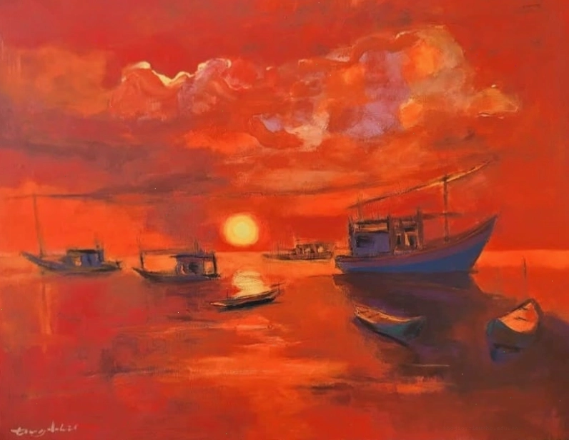Tranh phong cảnh biển hoàng hôn lãng mạn với gam màu ấm áp