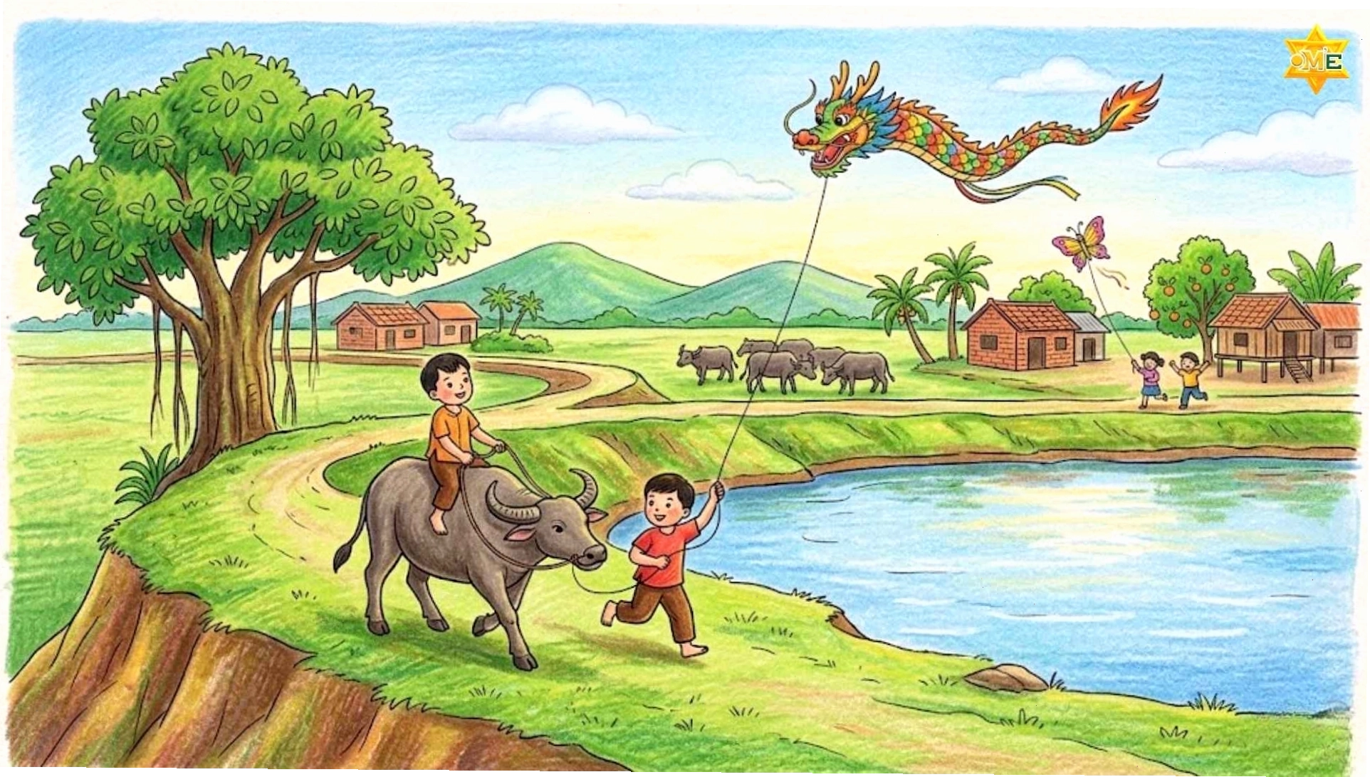 Tranh phong cảnh cảnh vật buổi tối với ánh trăng và sao