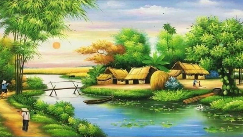 Tranh phong cảnh đẹp với những ngọn đồi thoai thoải và bầu trời