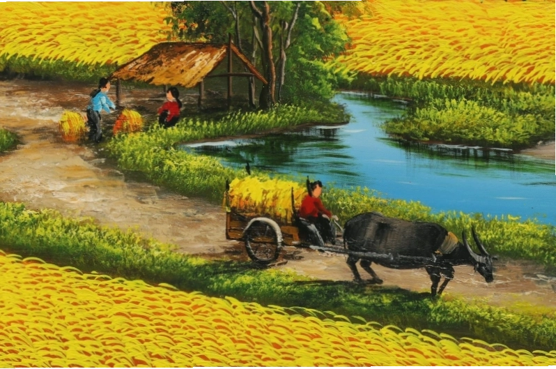 Tranh phong cảnh đồng quê mùa thu yên bình và ấm áp