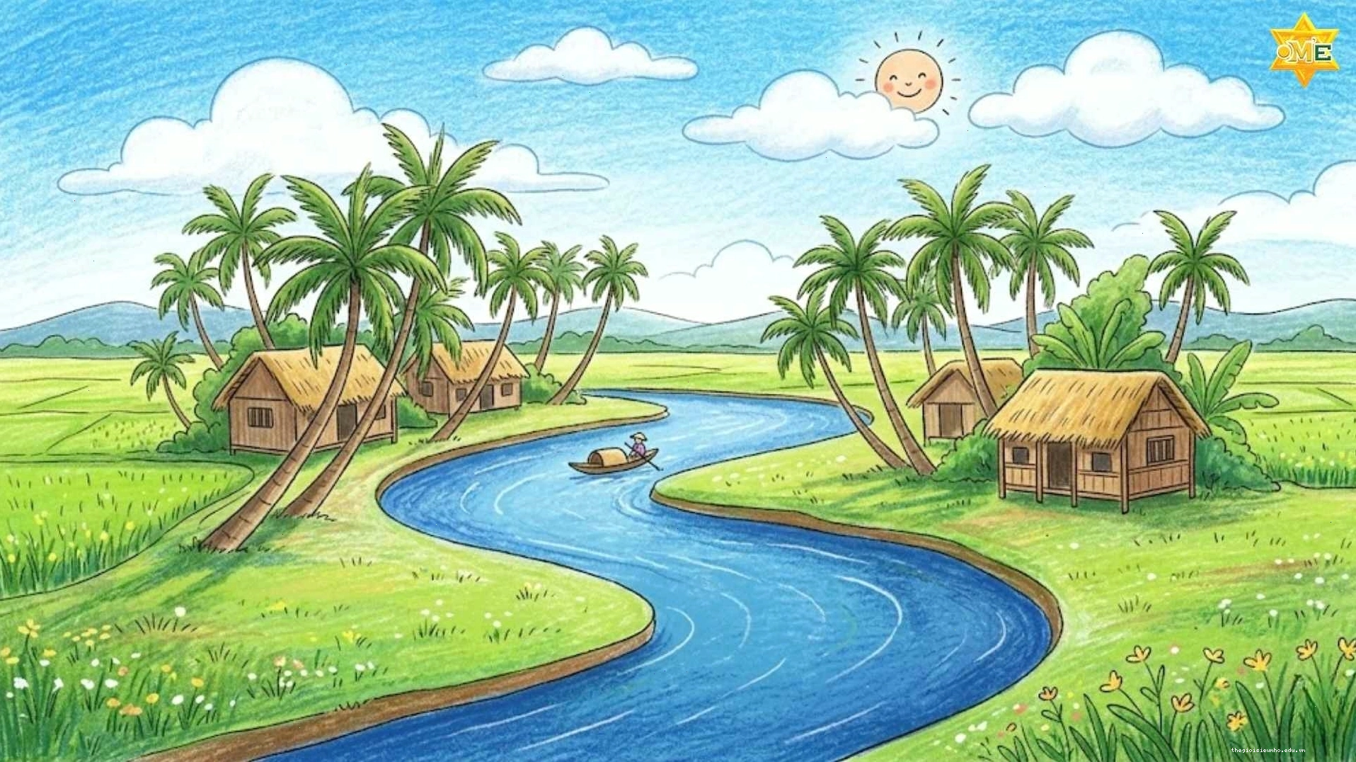 Tranh phong cảnh dòng sông quê với cây cối và nhà cửa hai bên