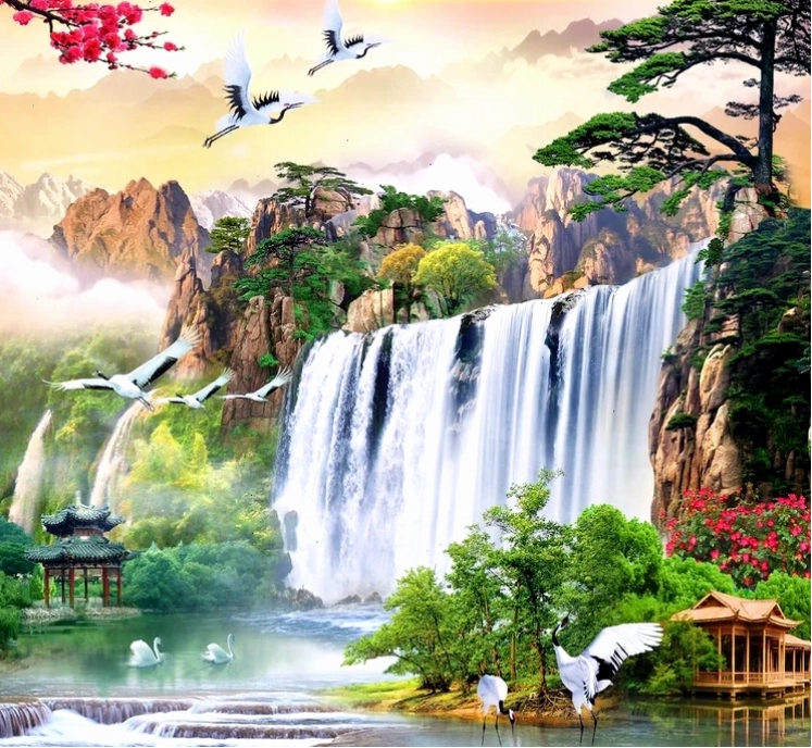 Tranh phong cảnh hữu tình với núi non hùng vĩ và dòng sông êm đềm