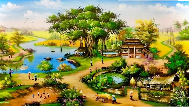 Tranh phong cảnh làng quê đơn giản với ngôi nhà nhỏ và con đường