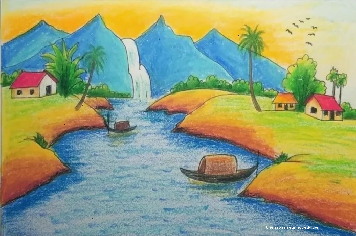 Tranh phong cảnh làng quê mùa hè với cây cối và con đường