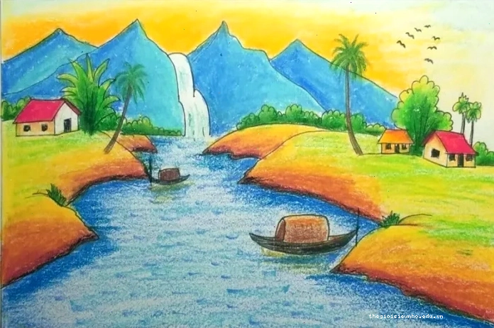 Tranh phong cảnh làng quê mùa xuân thanh bình