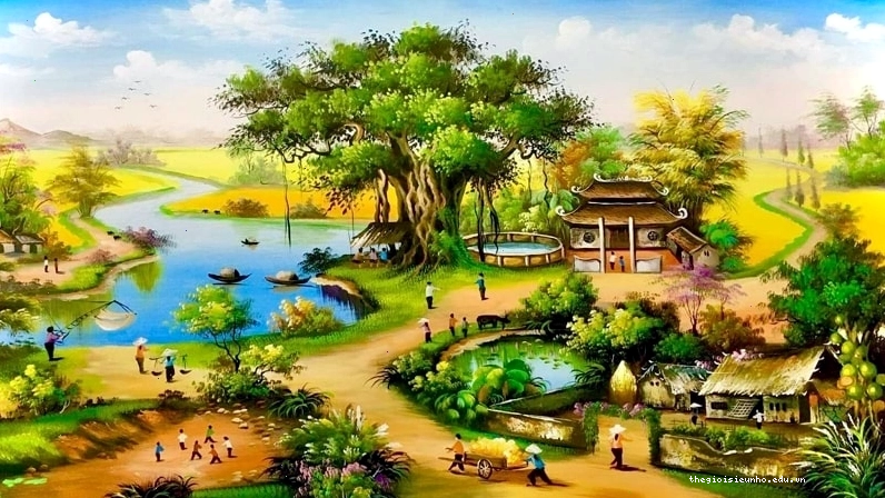 Tranh phong cảnh làng quê vẽ tay 3