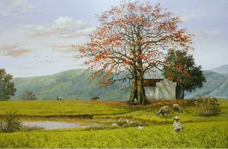 Tranh phong cảnh làng quê vẽ tay 5