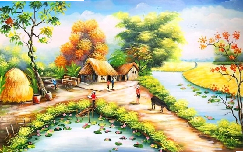Tranh phong cảnh làng quê vẽ tay bằng bút chì thể hiện sự bình yên