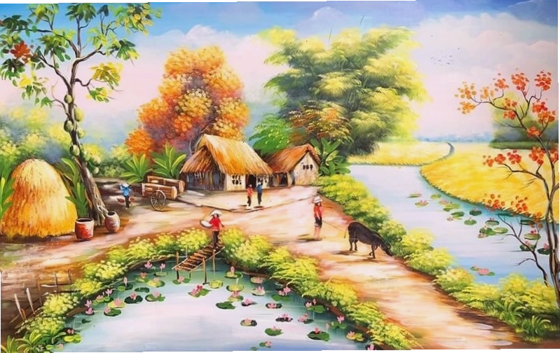 Tranh phong cảnh làng quê vẽ tay thể hiện sự bình yên và giản dị