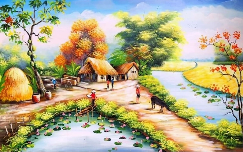 Tranh phong cảnh làng quê vẽ tay với cánh đồng lúa chín vàng dưới ánh nắng