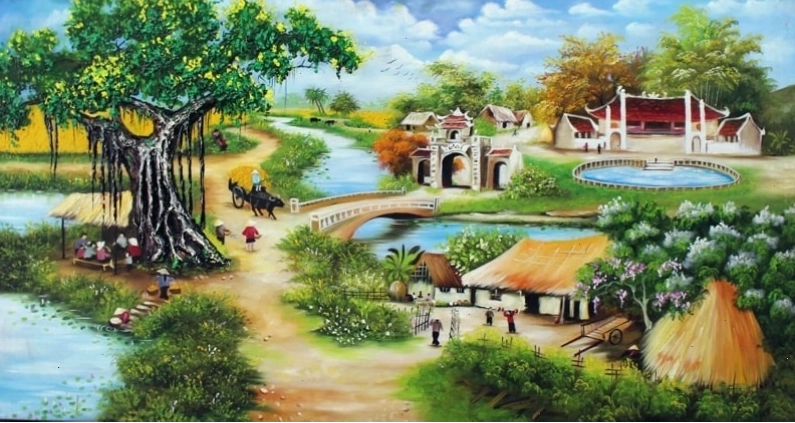 Tranh phong cảnh làng quê với cánh đồng lúa chín và con đường đất