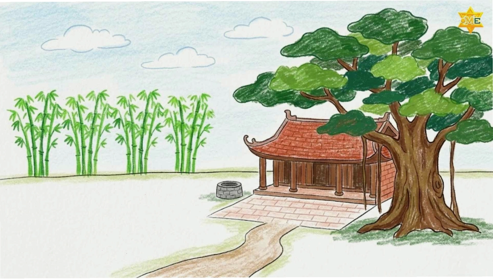 Tranh phong cảnh làng quê với cây đa và mái đình được tô màu tươi tắn