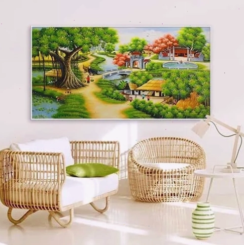Tranh phong cảnh làng quê với con đường mòn và những mái nhà tranh