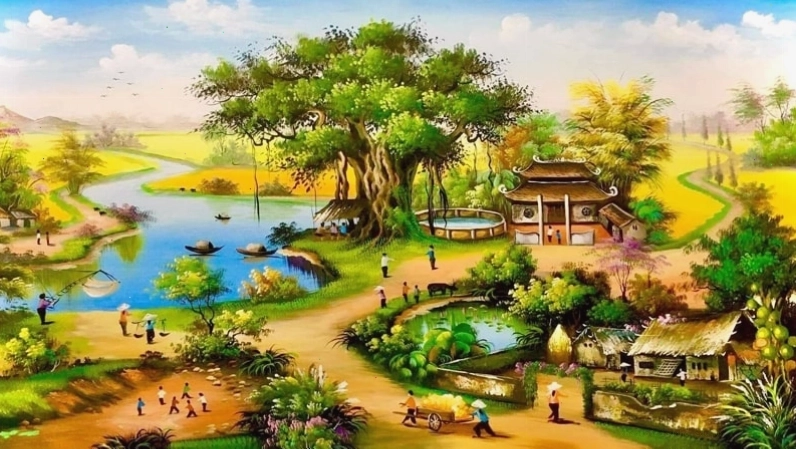 Tranh phong cảnh làng quê với dòng sông và cây cầu