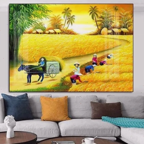 Tranh phong cảnh thiên nhiên với cánh đồng lúa vàng và ngôi nhà nhỏ