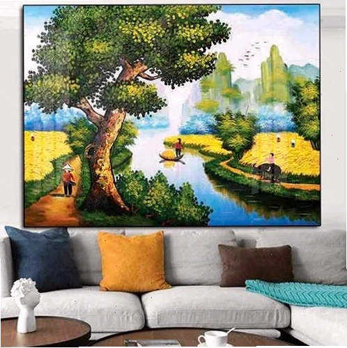Tranh phong cảnh thung lũng với dòng sông và những ngọn đồi