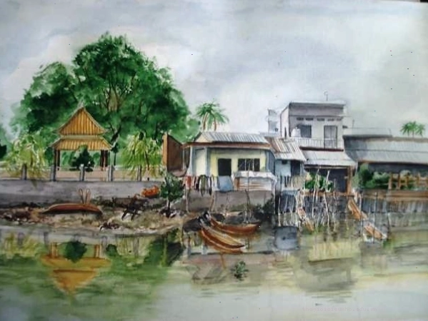 Tranh phong cảnh vẽ bằng màu nước với tông màu nhẹ nhàng