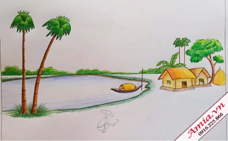 Tranh quê hương vẽ phong cảnh cho học sinh