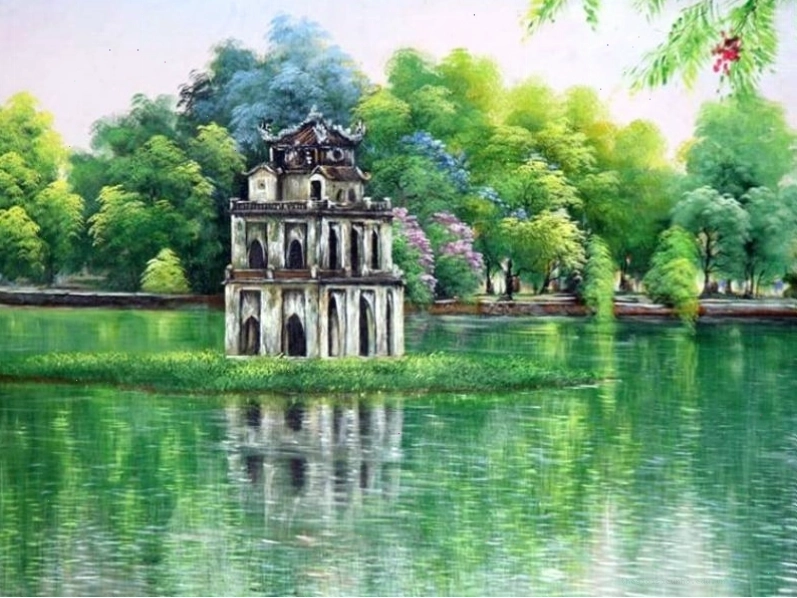 Tranh Tháp Rùa Hồ Gươm thanh bình