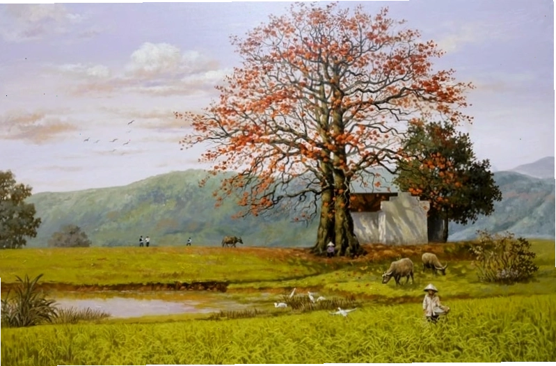 Tranh vẽ cảnh làng quê với khói lam chiều thơ mộng