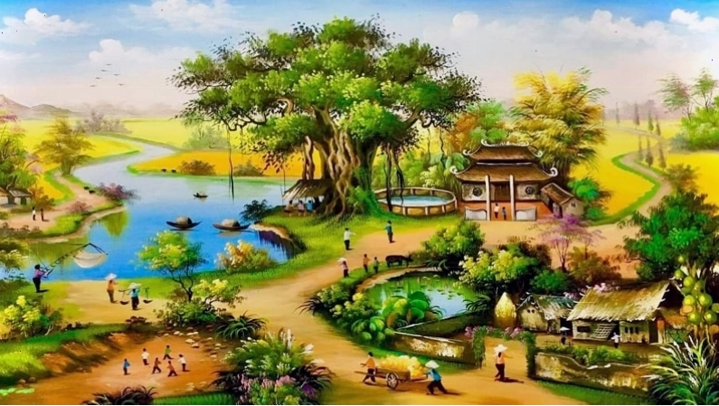 Tranh vẽ cảnh sông nước êm đềm với cây cầu và những ngôi nhà ven sông