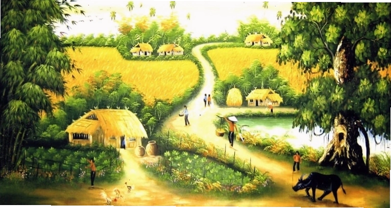 Tranh vẽ một ngọn núi phủ tuyết trắng dưới bầu trời xanh