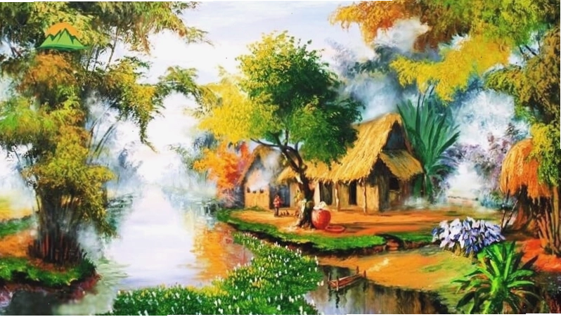 Tranh vẽ một thung lũng xanh mướt với những đám mây bồng bềnh