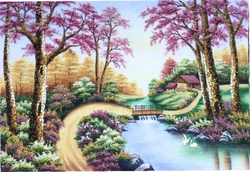 Tranh vẽ phong cảnh làng quê với lũy tre và con đường đất
